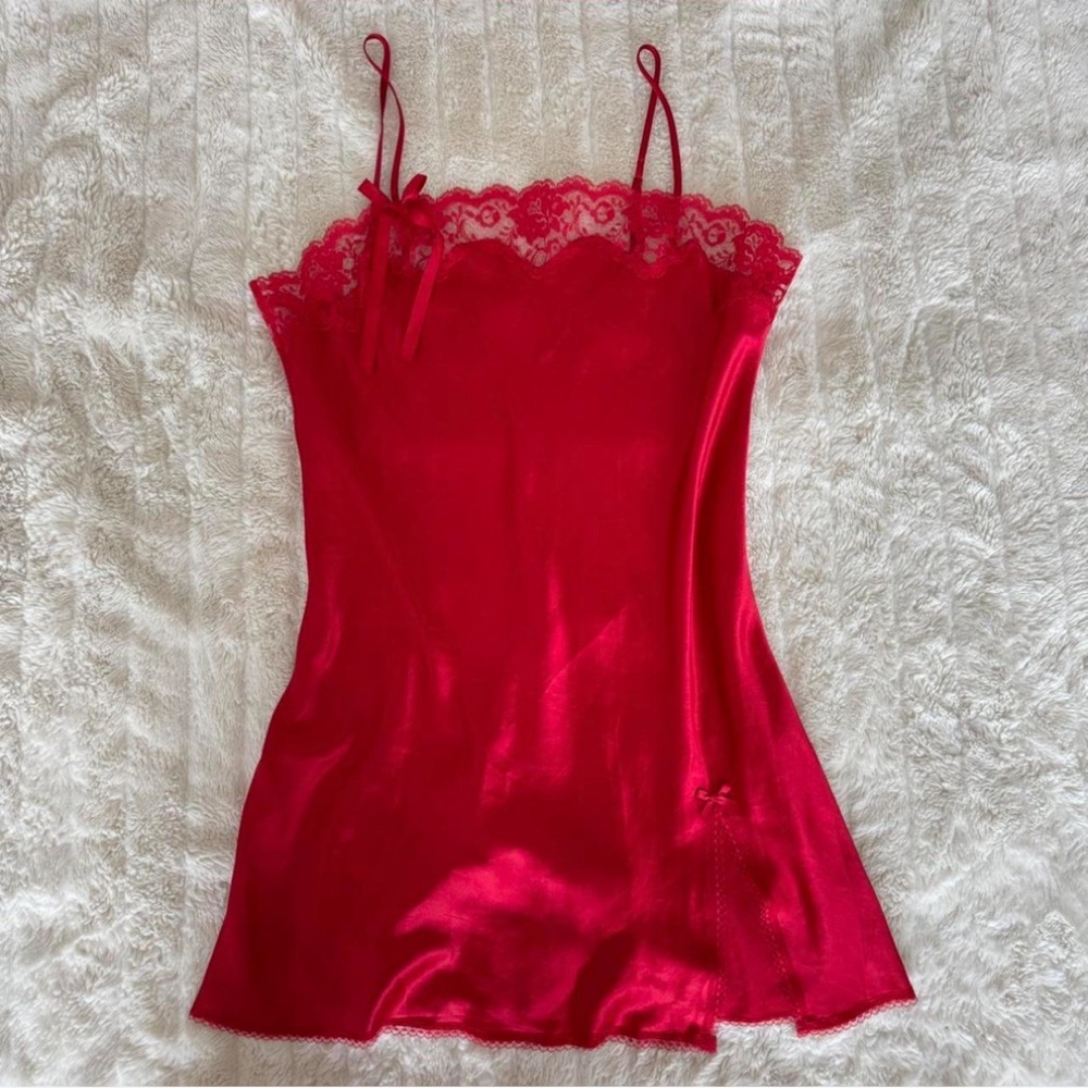 Victoria's Secret Red Satin Chemise with Lace Details